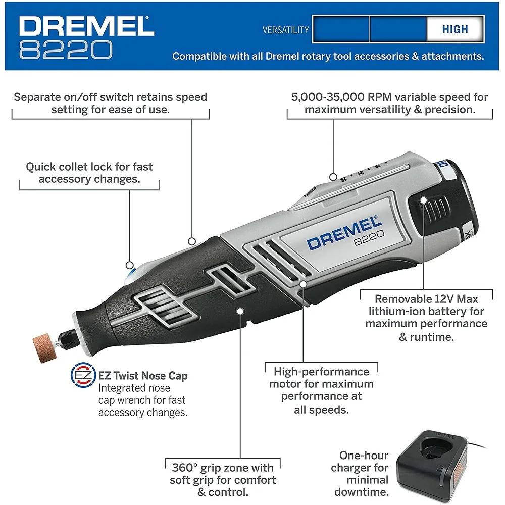 Dremel 8260-5/65 outil rotatif multifonction sans fil 12V Li-Ion + 2  batteries et 65 accessoires