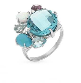 

Silver ring with turquoise, Topaz, cubic zirconia and sunlight beads 925