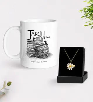 

Personalized History Teacher White Mug and Daisy Necklace Gift Seti-1
