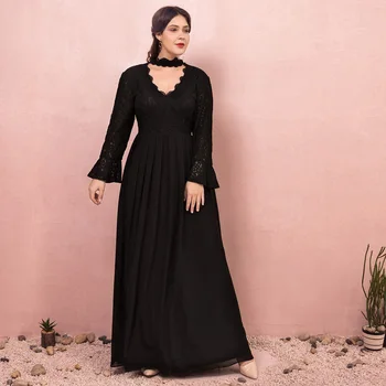 

A-Line V-neck Floor Length Long Sleeves Chiffon Evening Dress With Lace