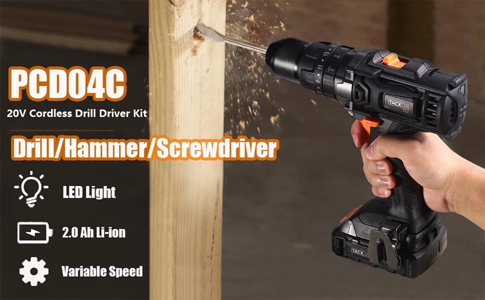 Perceuse électrique Sans Fil TACKLIFE 20 V Max, 310 Lb-pi, Mandrin En Métal 1/2", Tournevis électrique à 2 Vitesses Avec DEL, Batterie Rechargeable 2,0 Ah PCD04C 12 Perceuse électrique Sans Fil TACKLIFE 20 V Max, 310 Lb-pi, Mandrin En Métal 1/2", Tournevis électrique à 2 Vitesses Avec DEL, Batterie Rechargeable 2,0 Ah PCD04C -Magasin D'Outils Électriques