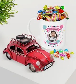 

Personalized Photo Birthday Platter Nostalgic Red Metal Beetle and Mug Haribo Candy Seti-2