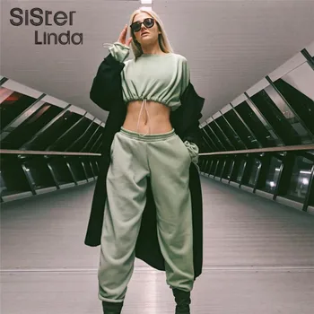 

Sisterlinda Fashion 2 Pieces Female Set Tracksuit Full Sleeve Drawstring Short Tops Pullovers Solid Elastic Tapered Pants Mujer