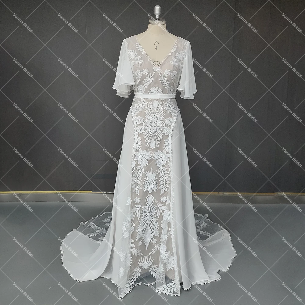 long sleeve wedding dresses Real Photo Belt Romantic Lace Wedding Gowns Cape Sleeves Chiffon Open Back Custom Made Long Rustic V-Neck Bohemian Bridal Dress second hand wedding dresses