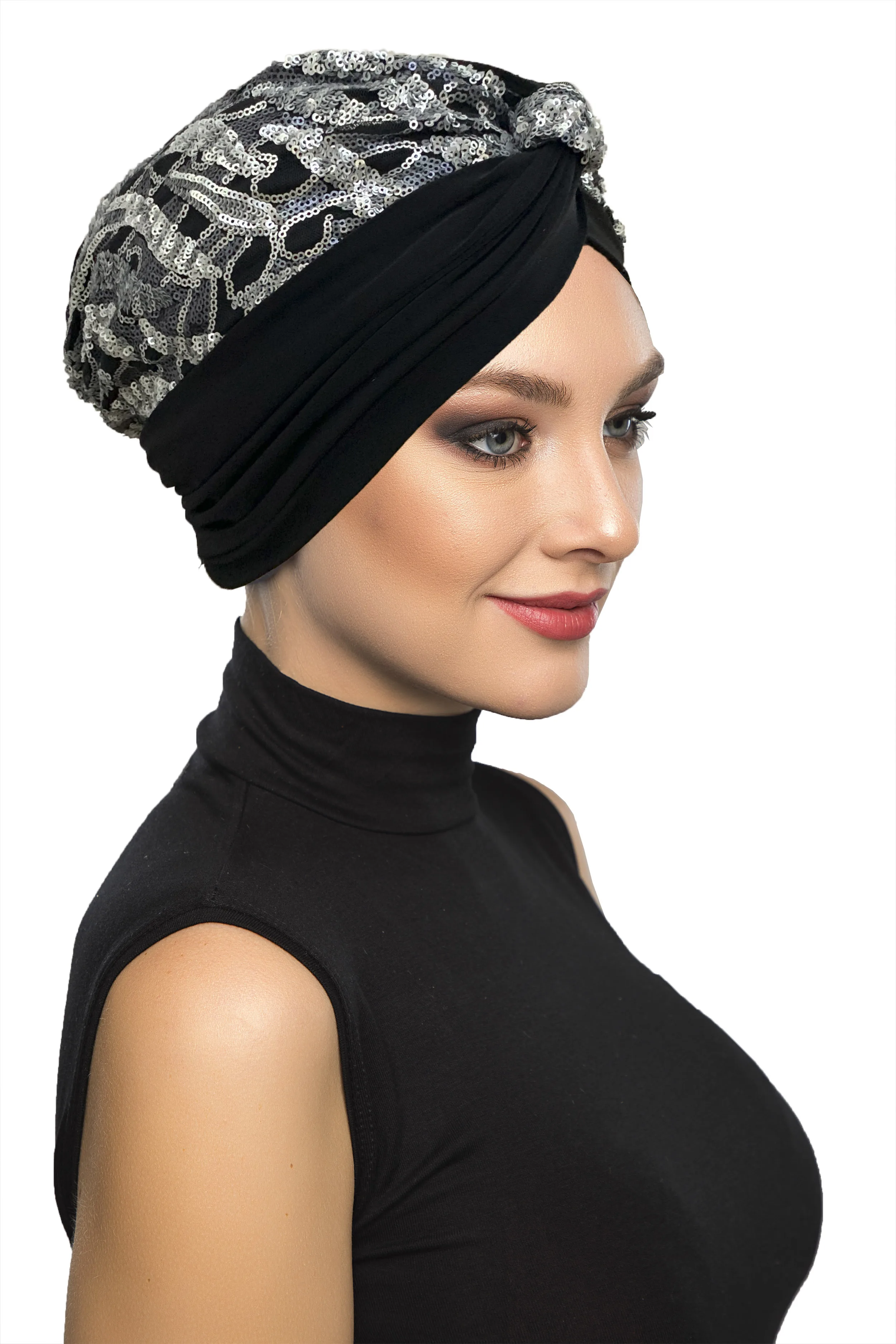 2024 New Fashion Silver Patterned Sequined On Black Ready Turban Hijab Bonnet Scarf Cancer Cap Special Women Product Beret