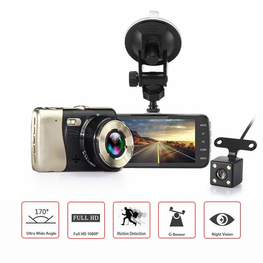 4 дюймовые передние и задние Двойной объектив вождения Регистраторы Hd 1080P Автомобильный видеорегистратор Edr Dashcam(G-sensor) Сенсор зеркало заднего вида функций