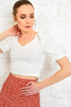 

Trend Alacati Style Women 'S Black V Collar Princess Sleeve Crop Top Blouse ALC-X3846