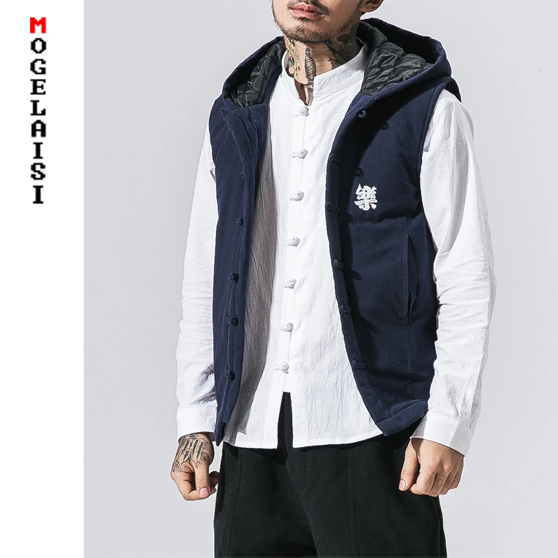 

2019 Hooded vest men keep Warm Winter Jacket Men Coat Chinese style Embroidery text Parka dark blue coats 5XL Clothes B375-Y01