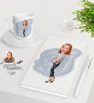 

Personalized Women 'S Caricature Of White Notebook Pen Turkish Coffee Cup Seti-11