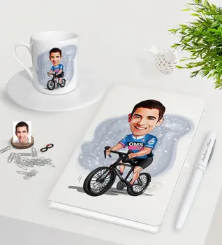 

Personalized Men 'S Bicycle Driver Caricature Of White Notebook Pen Turkish Coffee Cup Seti-1