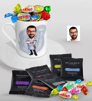 

Personalized Mr Butcher Caricature Of Turkish Coffee Cup Selamlique Mixed Turkish Coffee house And Haribo Candy Gift Seti-1