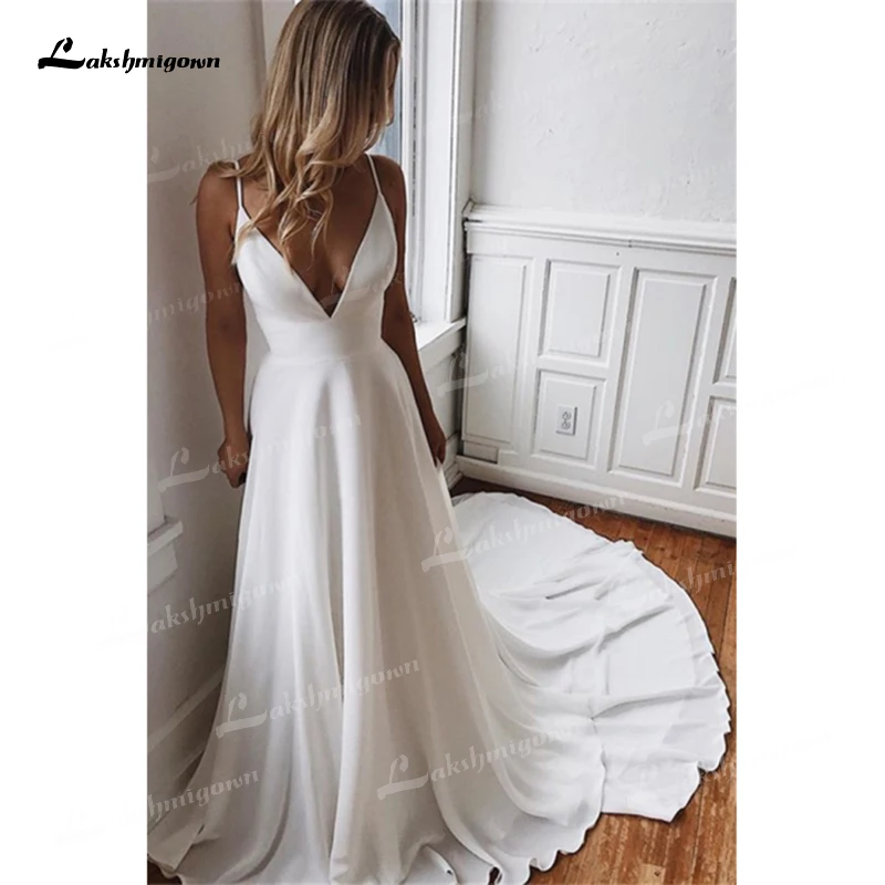 Simple Modern A Line Chiffon Lace Back Out  Plunge V Neckline with Strap Wedding Dress 2022 Bride Sleeveless Sweep Floor-Length bridesmaid dresses