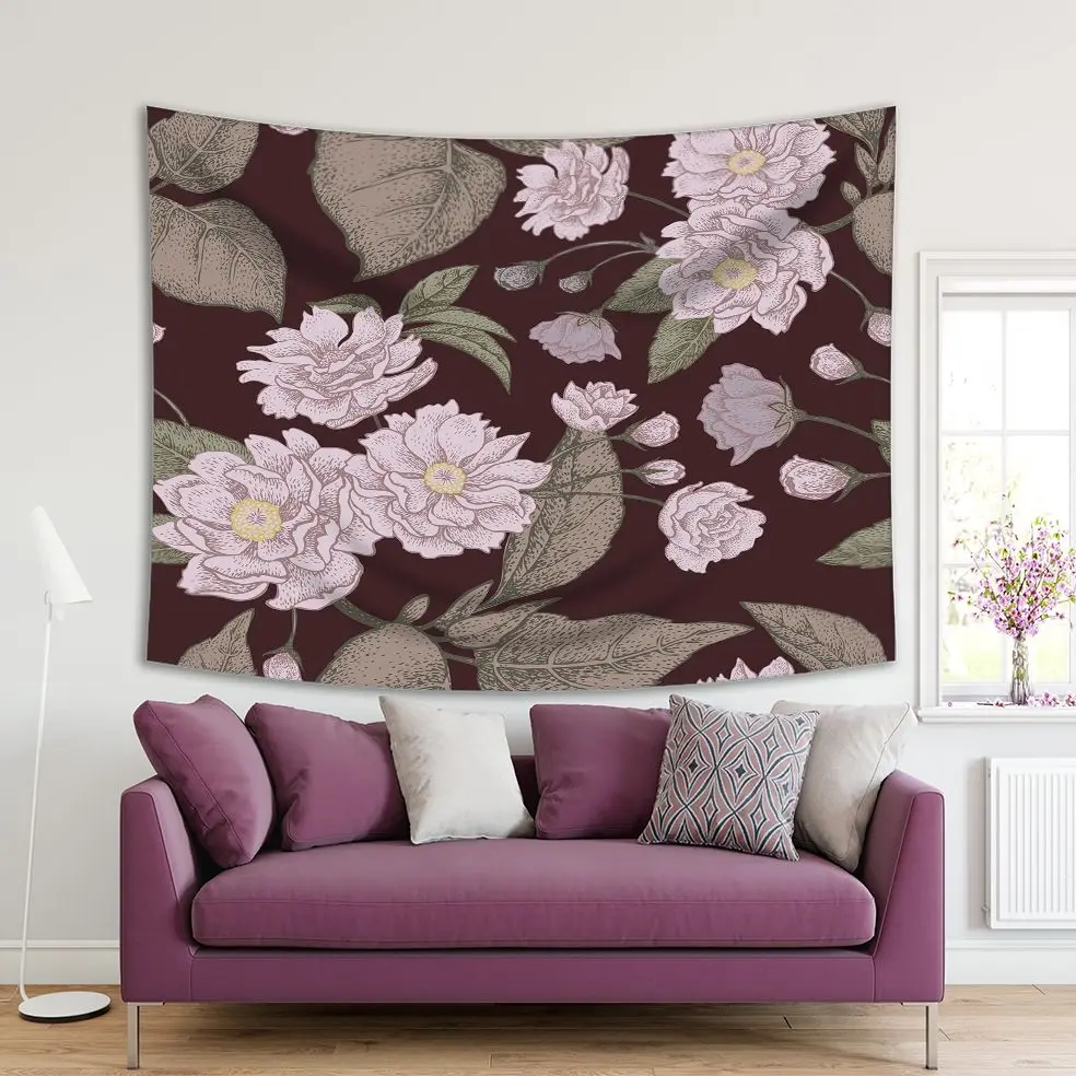 Tapestry Floral Pattern with Leaves Flowers and Branches on Burgundy Background Vintage Artwork Lilac Green | Дом и сад