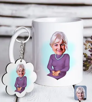 

Personalized Grandma Caricature Of White mug And Keychain Gift set