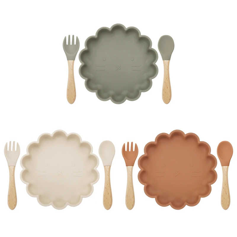3pcs Baby Plate Spoon Fork Feeding Solid Food Children's Tableware Silicone Sucker Flower Shape Dishes Plates Dining Appliance 2