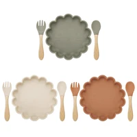 3pcs Baby Plate Spoon Fork Feeding Solid Food Children's Tableware Silicone Sucker Flower Shape Dishes Plates Dining Appliance 2