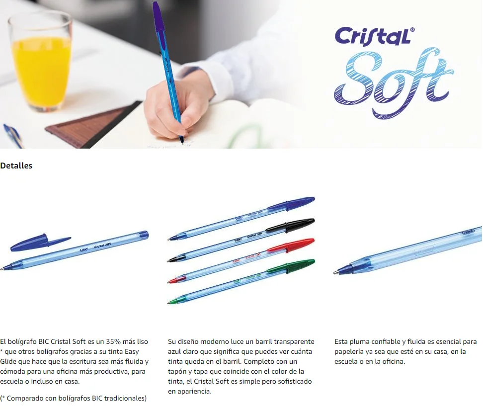 Bolígrafos para escribir, BIC Cristal Soft ®, multicolor, punta (1,2 mm)  escritura suave, 10 unidades, azul, negro, rojo, verde