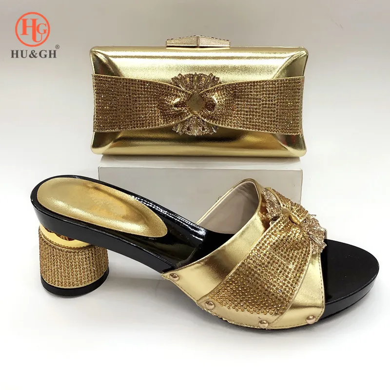 

Gold Color African Shoe and Bag set for Party Wedding Italian shoe with Matching Bag New design Lady Matching Shoe and Bag
