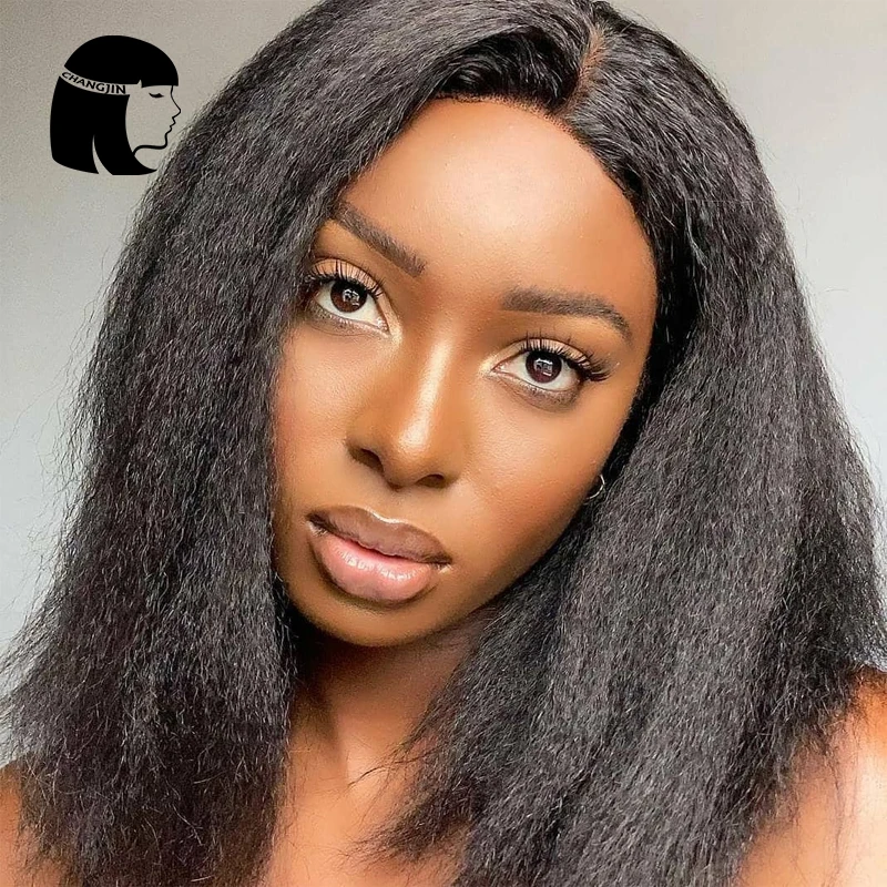 Chang Jin Natural Color Yaki Straight V Part Lace Wigs Pre Plucked Remy Hair Lace Human Hair Wigs Black Color For Women