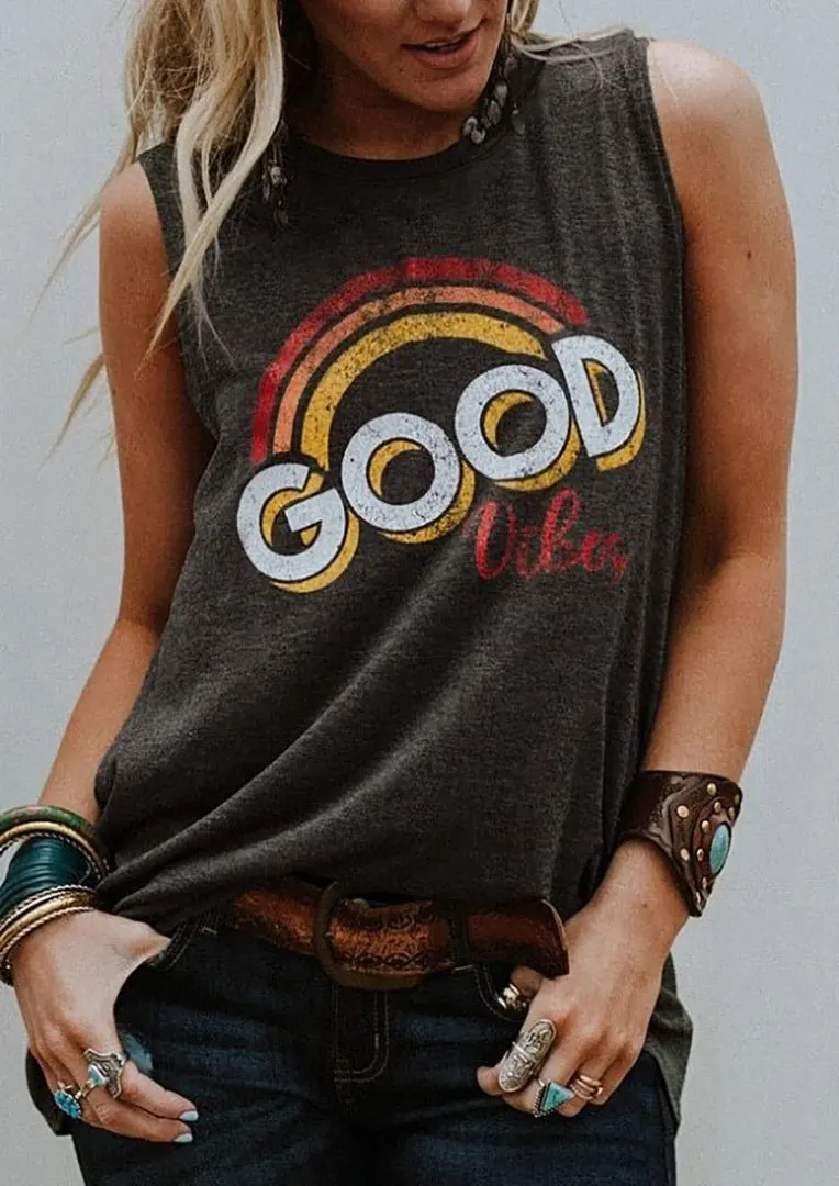 

Women Tank Tops Sleeveless tops tee Letter Print Good Vibes O-Neck Tank Female Army Green Tank Ladies Tops Tee