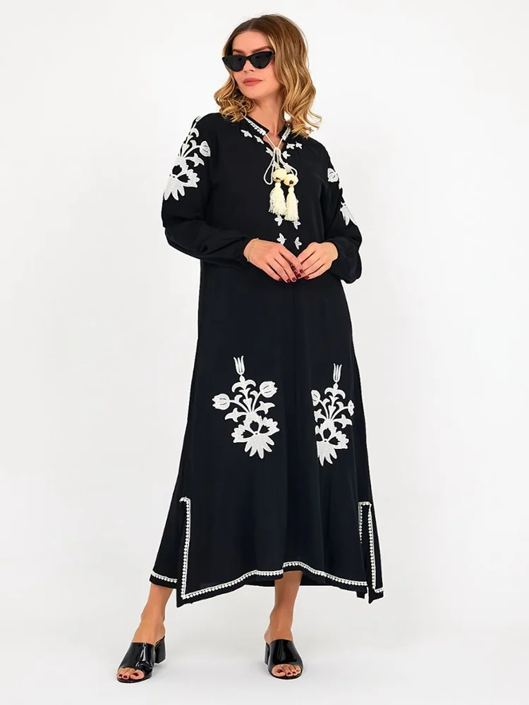 

Mandarin Collar Embroidered Tassel Detailed Woven Viscose Fabric Long Dress 2022 New Season Women's Clothing