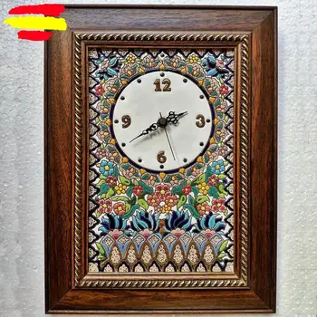 

Wall Clock rectangular - wood frame 40 cm./16in. - Ceramics Spanish - Glazed up handmade - 24 k gold - Home and decoration -