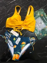 Swimsuit Women Bikini-Sets Bathing-Suits Lemon CUPSHE Lace-Up Print Two-Pieces Sexy Yellow