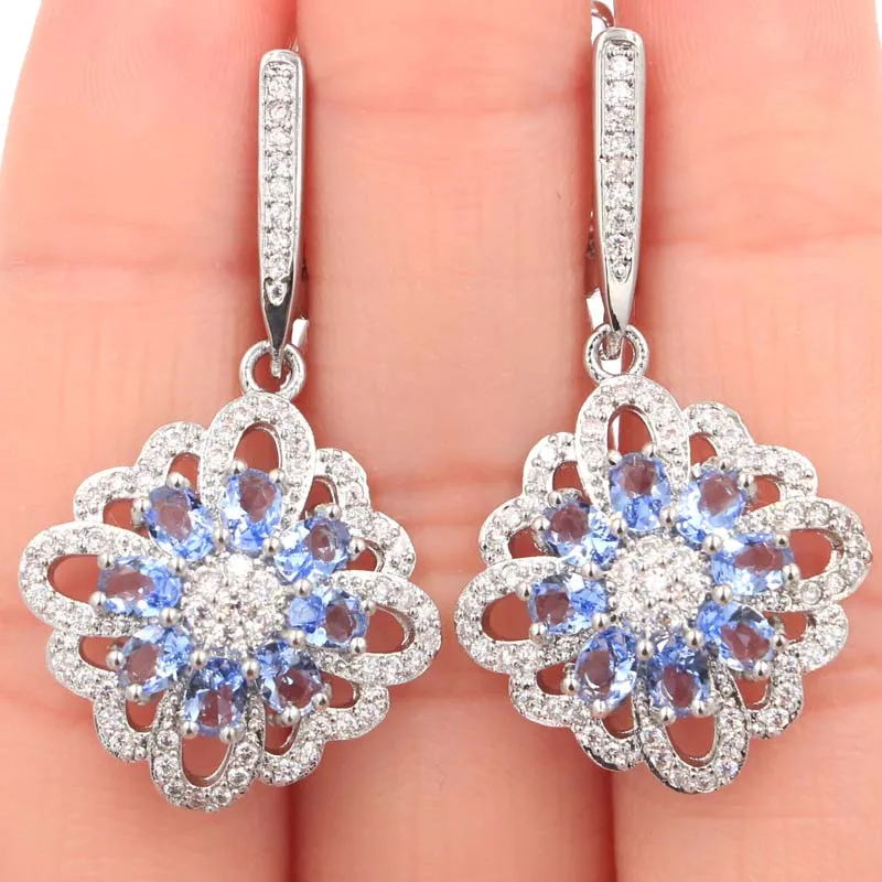 

Fashion Jewelry 2.4inch Big Long London Blue Topaz, White CZ Party Wedding 925 Sterling Silver Earrings Gift