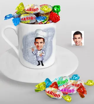 

Personalized Men Chef Caricature Of Turkish Coffee cup And Haribo Candy Gift set-4