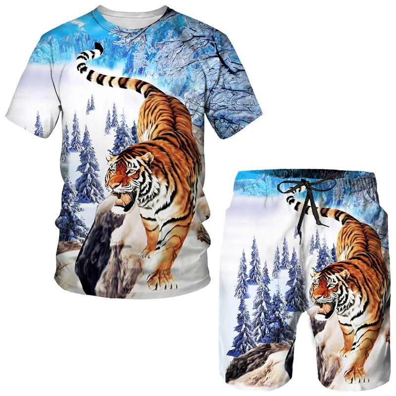 Summer Tiger 3D Printed Men's T-Shirts+Shorts Suit Jogging Tracksuit Cool Animal Pattern Couple Outfits Two Piece Sportswear Set