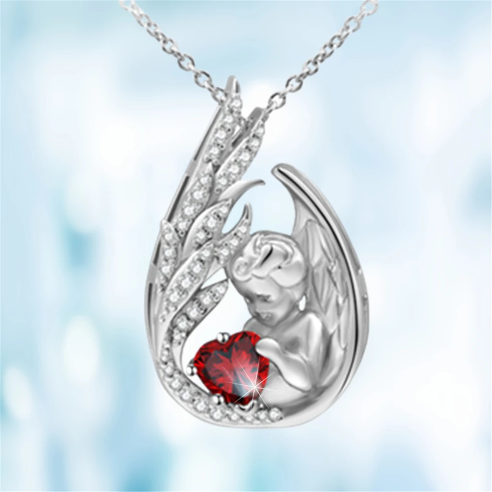 Exquisite Little Angel Baby Heart-shaped Red Crystal Pendant Necklace Fashion Women's Necklace Party Jewelry Family Love Gifts