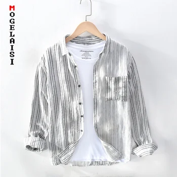 

Men Casual Striped white shirt long sleeve 2020 new summer pocket Breathable tops high quality soft shirts man 2 color 3XL TB617