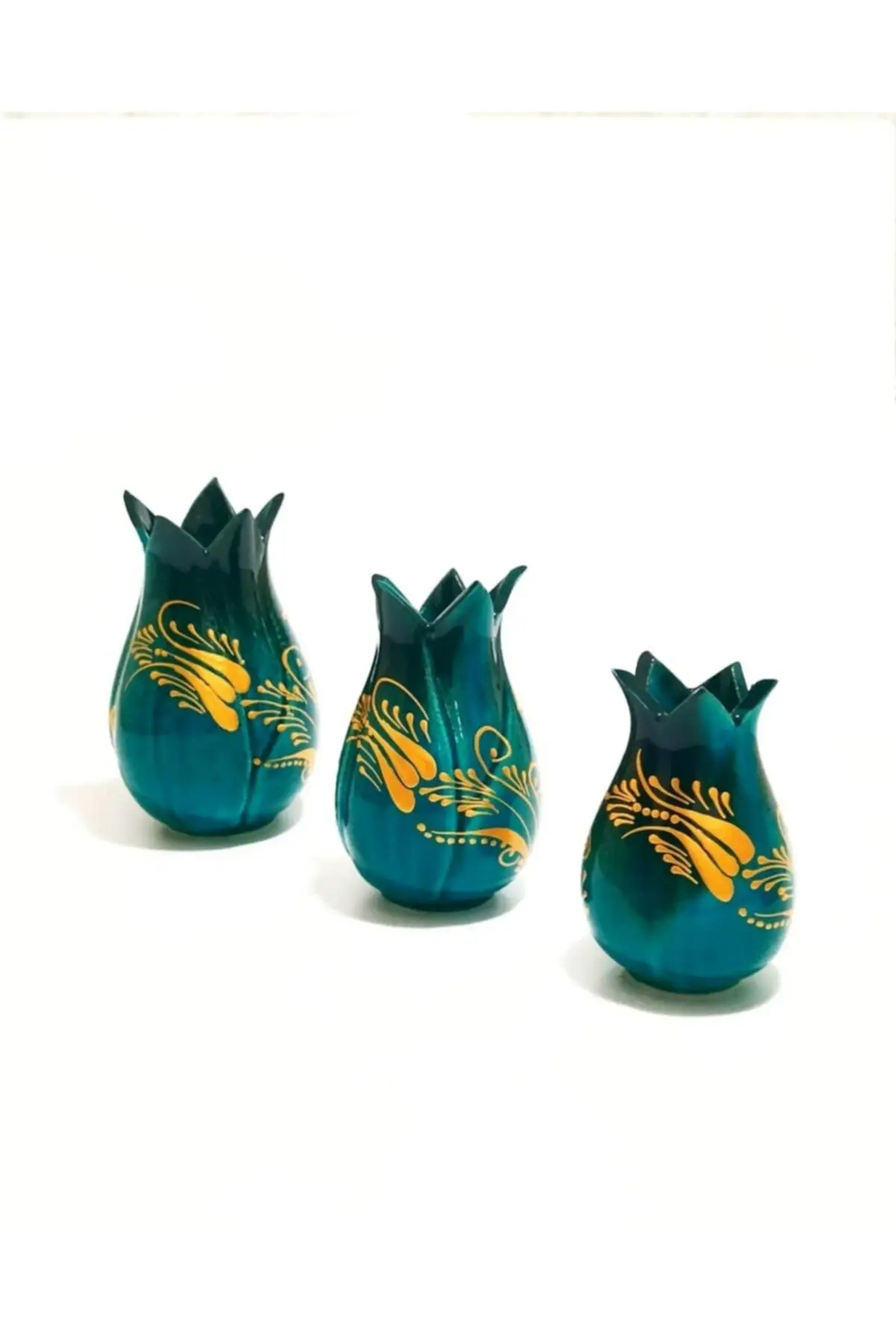 Tile Tulip Vase-Trinket Set Turquoise Green Handmade 3 Pieces Gilded Embroidered | Дом и сад