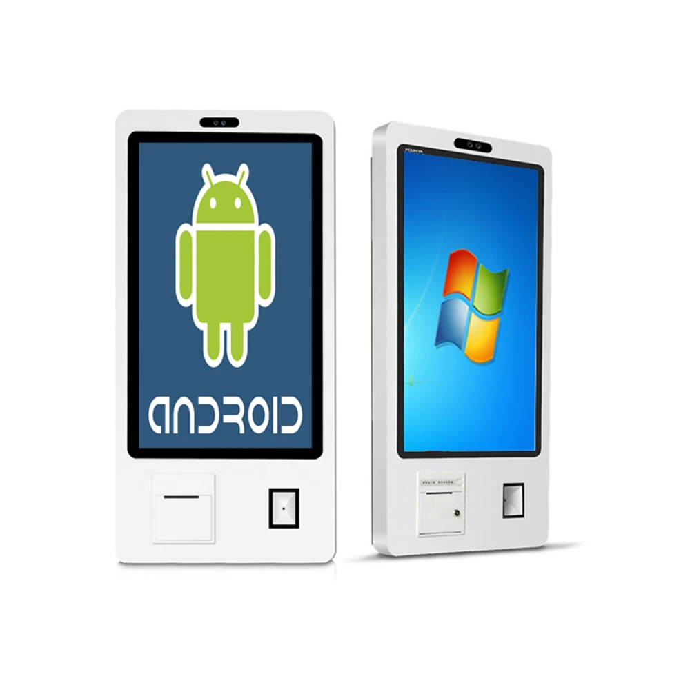 

27 inch Wall mounted windows or Android self-order service kiosk printer/barcode reader included, card reader slot optional