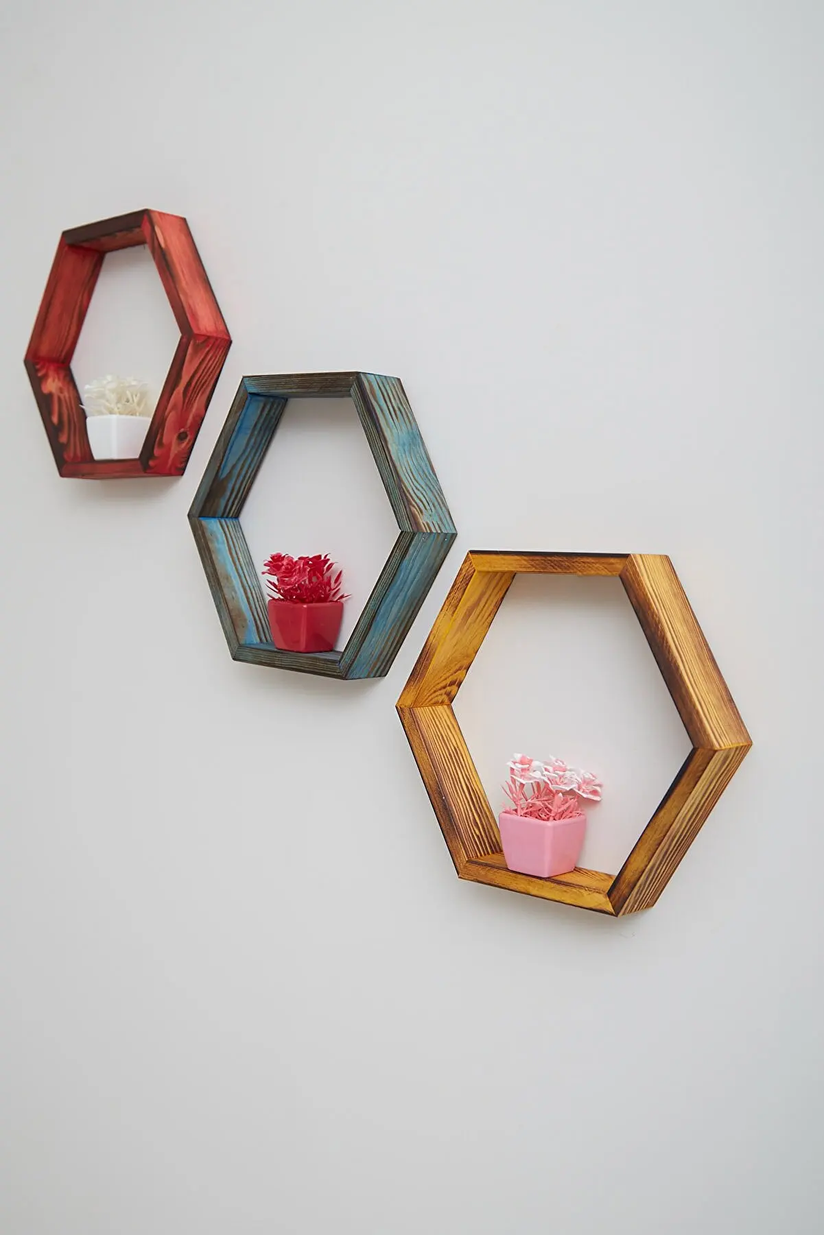 

Colorful Wooden Decorative Design 3 Hexagonal Wall Shelf Appliance Accessory Interior Design Racks Set
