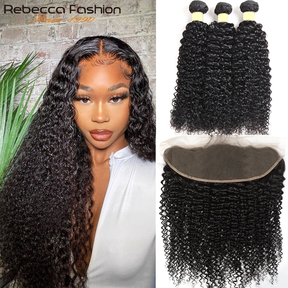 Rebecca Curly 3 Hair Bundles With Closure Human Transparent HD Lace Frontal Brazilian Weave | Шиньоны и парики