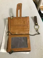 Billetera de cuero genuino para hombre, cartera con grabado gratis 100%, monedero pequeño, mini portatarjetas con cadena, portafolio de bolsillo para hombre