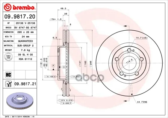 Диск Тормозной Toyota: Corolla Verso 04- Brembo арт. 09.9817.20