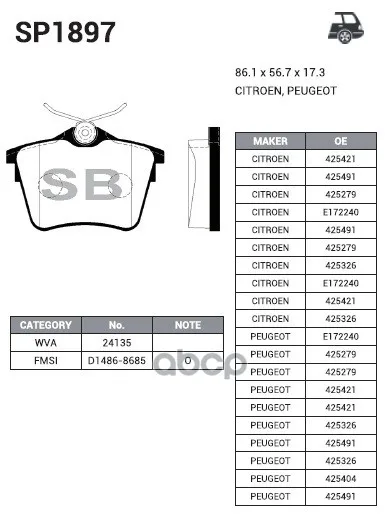 Колодки Тормозные Citroen C5 08-/Peugeot 407 04-/607 00- Задние Sangsin Brake Sp1897 Sangsin brake арт. SP1897