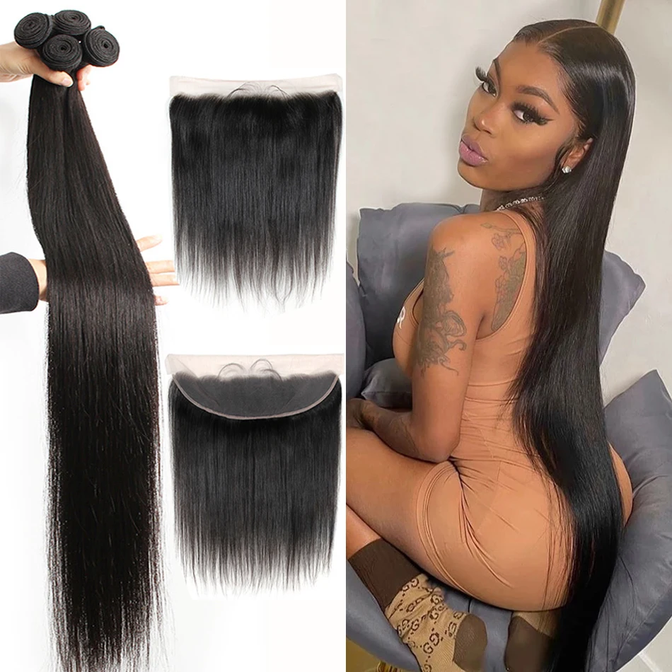 Brazilian Straight Human Hair Weave 3 4 Bundles With 13x4 Frontal 4x4 Closure Transparent Lace Extensions For Black Women | Шиньоны и