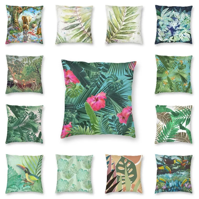 

Tropical Hibiscus Flower Jungle Pattern Square Pillowcover Home Decor Botanical Plants Cushion Cover Throw Pillow Case For Sofa