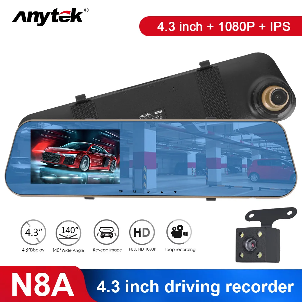 Anytek Full HD 1080P Автомобильный видеорегистратор Камера авто 4 3 дюймов зеркало заднего