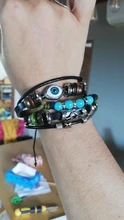 Pulsera Vintage de cuero Natural para hombre y mujer, turquesas naturales trenzadas hechas a mano, cuerda de ojo malvado, brazalete con abalorios, joyería