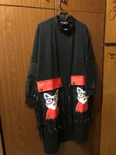 Black Dress Robe Fringes Long-Sleeve 3084 Midi Plus-Size Woman Winter Cute PU Cartoon