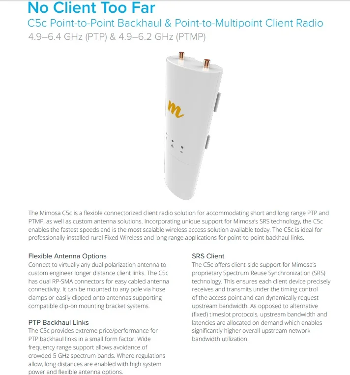 Mimosa C5c внешняя точка Acces, 4,9-6,4 ГГц, 700 Мбит/с, 50+ км