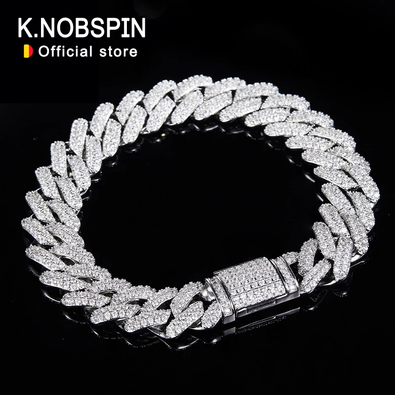 KNOBSPIN All Moissanite Cuban Hip Hop Bracelet for Men 6mm 8mm Full Diamond with GRA 925 Sterling Silver Teen Girls Chain