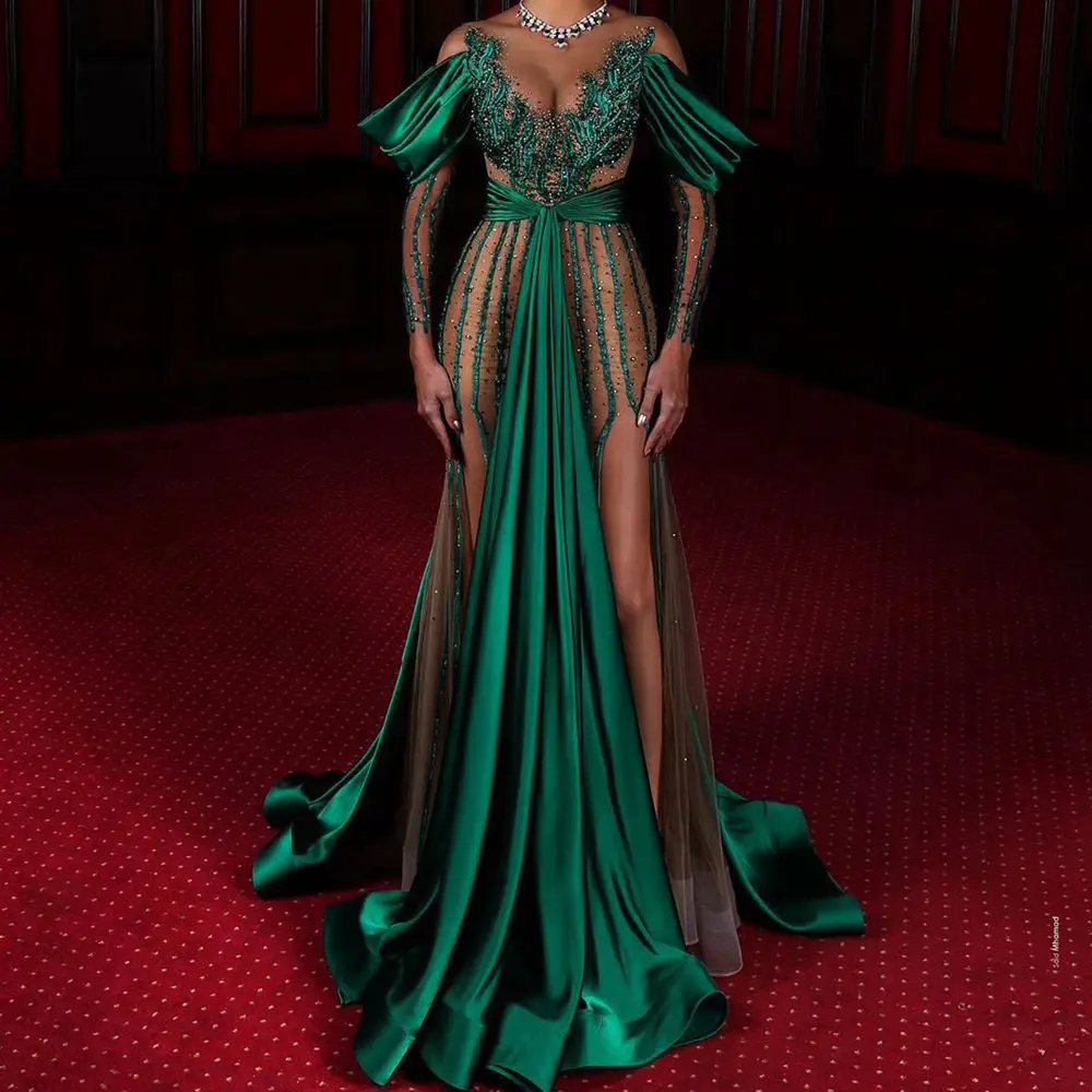 

2020 Luxury Long Evening Dresses Elegant Stain V-nack Tulle Illusion Prom Gowns Crystal Formal Party Dress Vestido De Festa