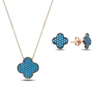 

Kutaydan Nano Turquoise Gemstone Clover 925 Sterling Silver Set Made in Turkey