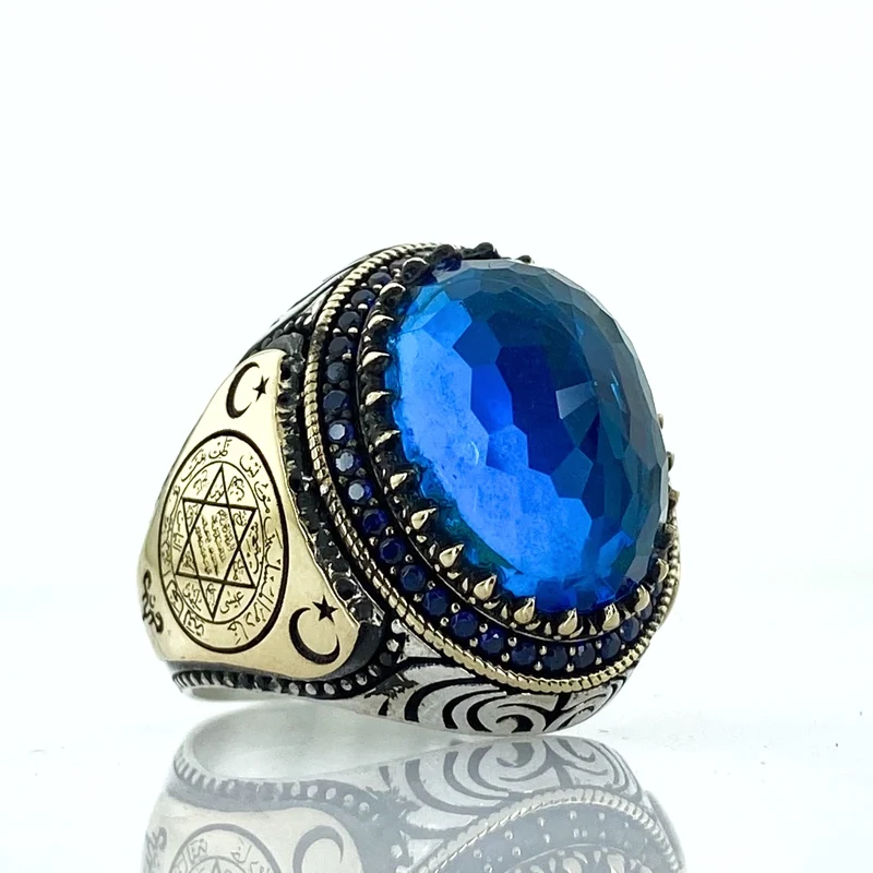 Safir Mavi Topaz Taş Süleyman Mührü Davut yildızi Gümüş Yüzük | Украшения и аксессуары