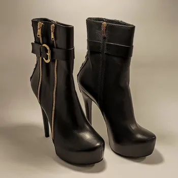 

Women Stylish High Quality %100 Genuine Leather Light Weight Comfortable Pointed Toe Zipper Mid Boots High Heels Platform Base